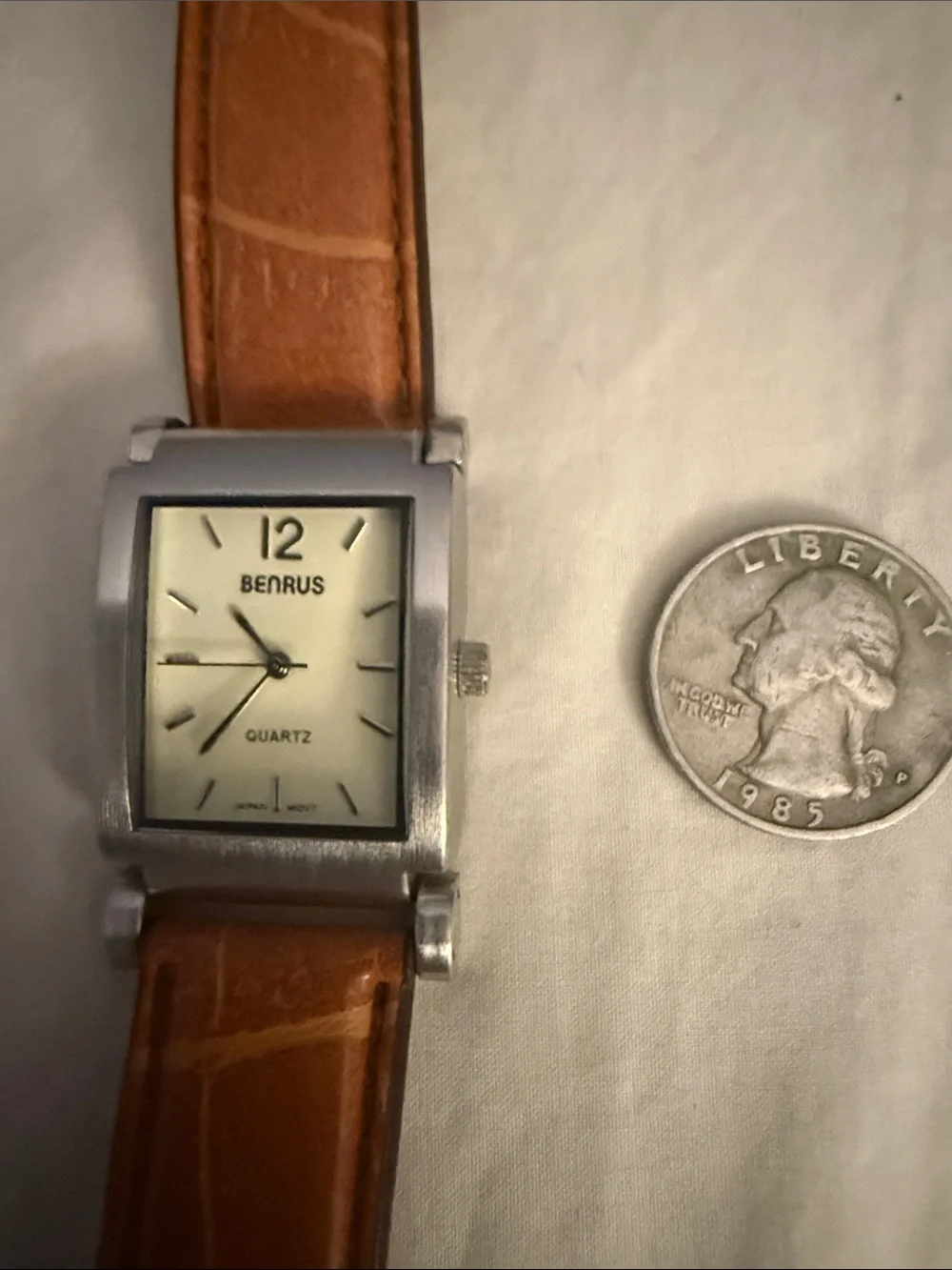 Benrus Quartz Analog Rectangle Stainless Steel Silver White Dial
